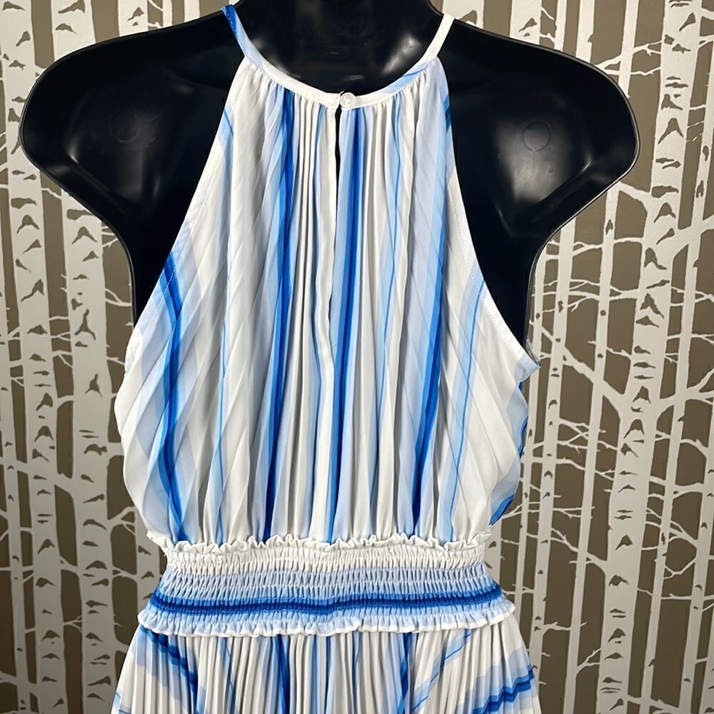 Nine West blue white accordion pleated shark bite hem high neck midi dress NEW - Picture 6 of 16
